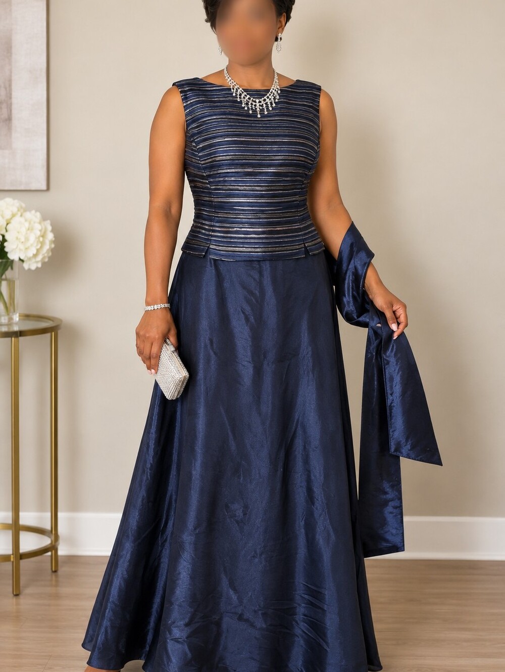 J Collections Size 16 Navy Metallic Stripe Formal Maxi Gown Dress w/ Sash